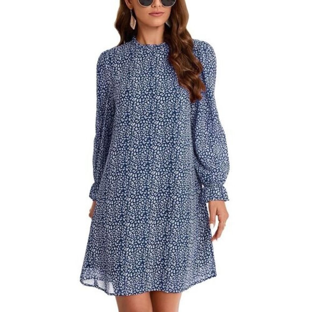 NWT Kojooin Ruffle Mock Neck Long Sleeve Floral Pleated Flowy Mini Dress Sz XXL